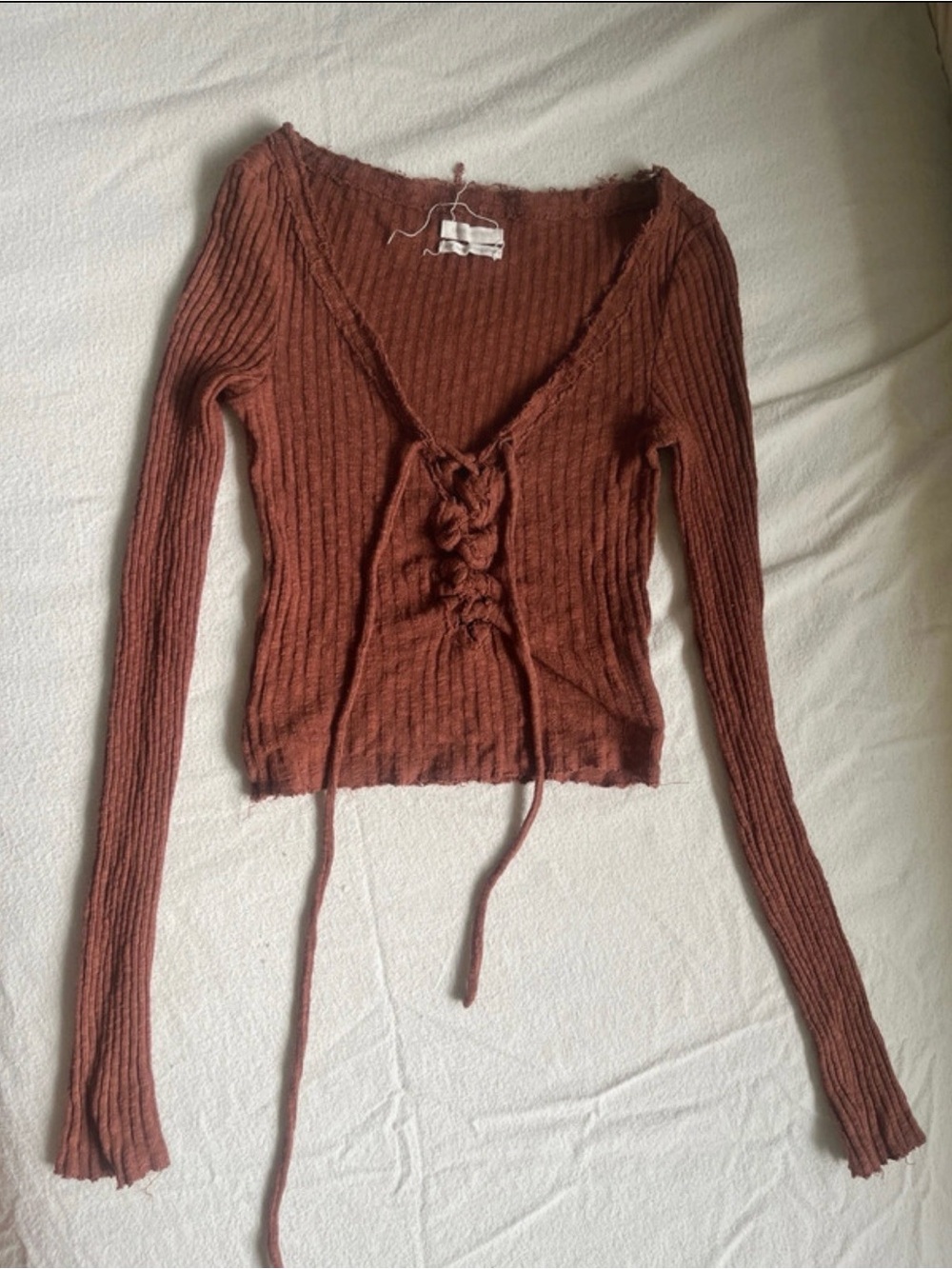 Urban Outfitters Ribbed Lace-Up V-Neck Long Sleeve Top - Rust
